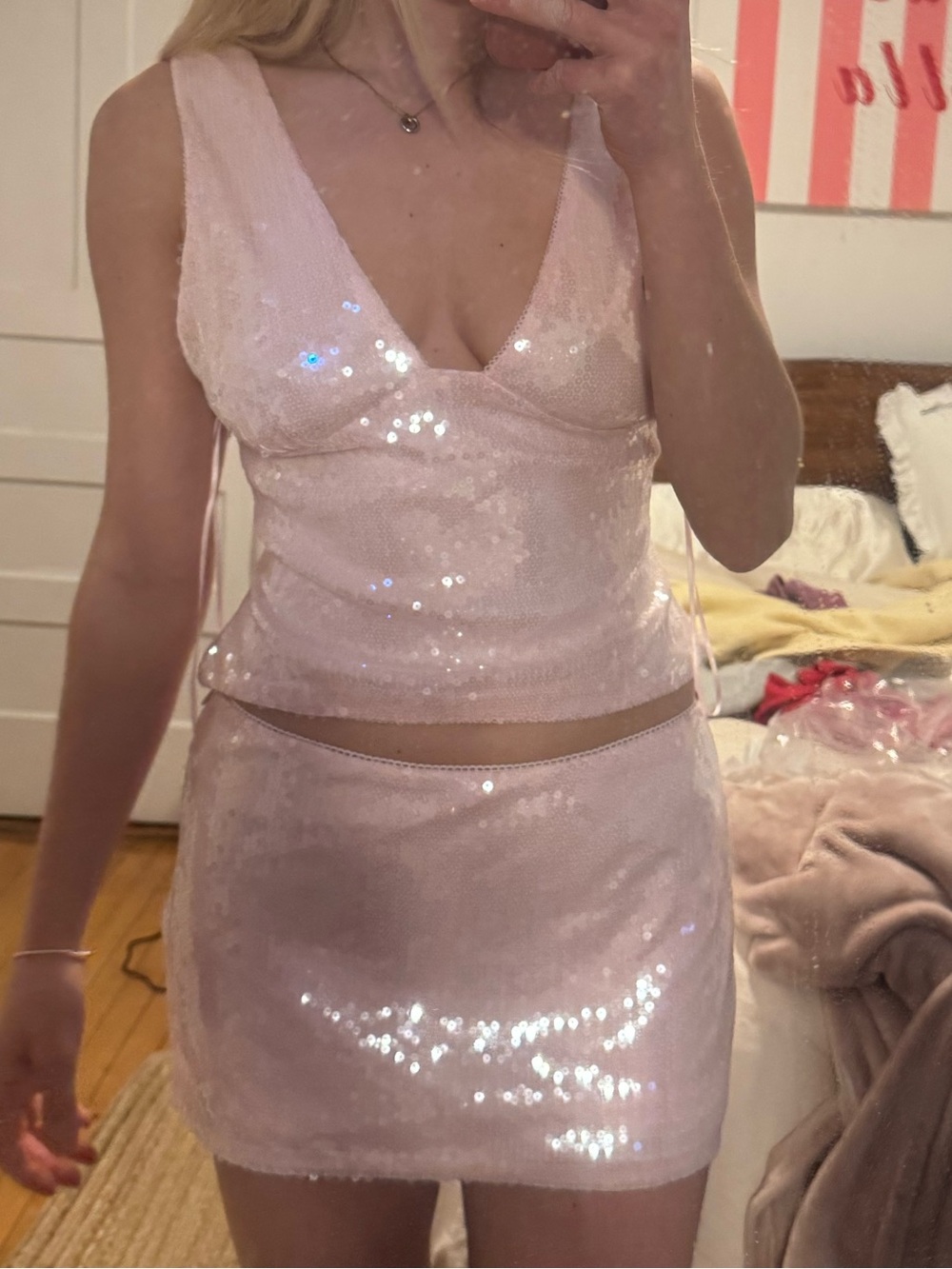 Light Pink Sequin Two-Piece Crop Top & Mini Skirt Set